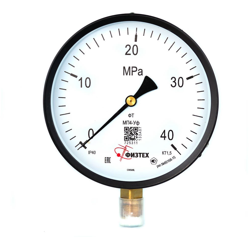 Манометр ФИЗТЕХ МП4-Уф 0-40 МПа IP40, общетехнический 160 мм, резьба М20х1.5, класс точности - 1.5, радиальный штуцер
