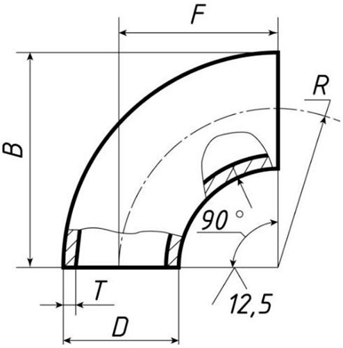 Отвод бесшовный крутоизогнутый 90° Св-Св-Ст20 8″ Ду200 Ру40 ГОСТ 17375-2001 исполнение 2, наружный диаметр - 219мм, толщина стенки - 6мм, корпус - сталь 20, присоединение - под приварку