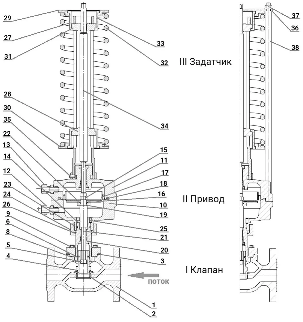 Регулятор давления до себя PRB1030N-F-DA Ду50 Ру16 Kvs40 прямого действия, серый чугун СЧ20, фланцевый, Tmax до 150°С, диапазон настройки 3 (3 - 7 кгс/см2)