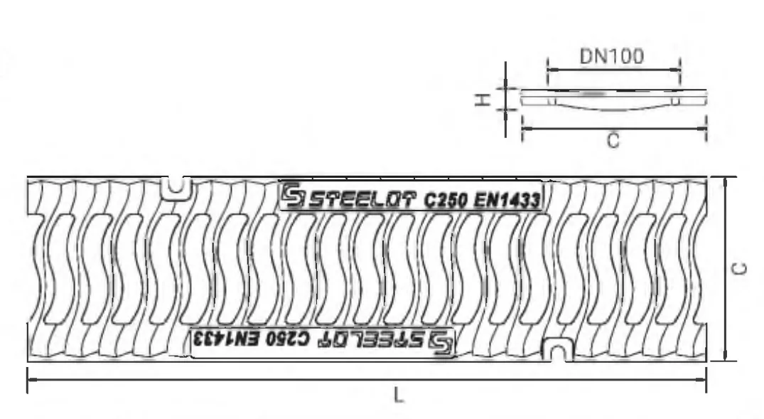 Решетка СТИЛОТ SteeStart DN100 С250 L=500 мм, прорезь волна, гидравлическое сечение DN=100 мм, класс нагрузки С250, материал - чугун ВЧ-50