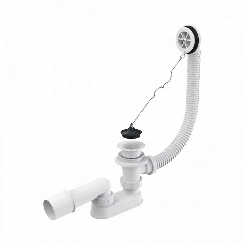 Сифон для ванны плоский Alca Plast A502 Дн40x1 1/2″ классический с пробкой и цепочкой, подключение к канализации 40/50 мм переходная трубка 10°, выпуск для ванной 1 1/2″, длина перелива - 570 мм, белый